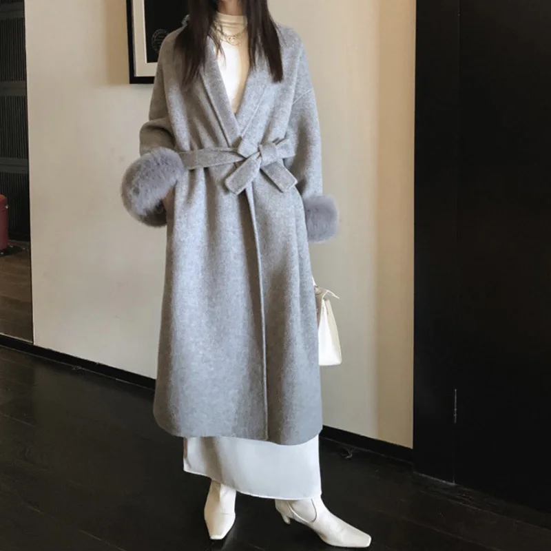 Winter New Women Double-sided Wool Lace-up Coat Cuffs Removable Fox Fur High Quality Double-sided Cashmere Woolen Coat Female