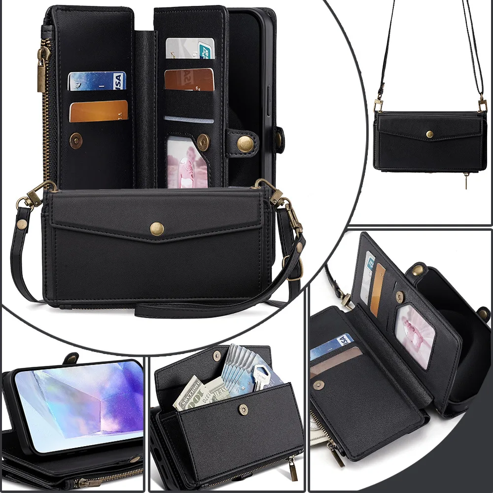 

Luxury Leather Handbag Case for Redmi 13R 13C 12C 12 11A 10X Pro 9 8 A3 A2 A1 Crossbody Lanyard Zipper Wallet Card Flip Cover