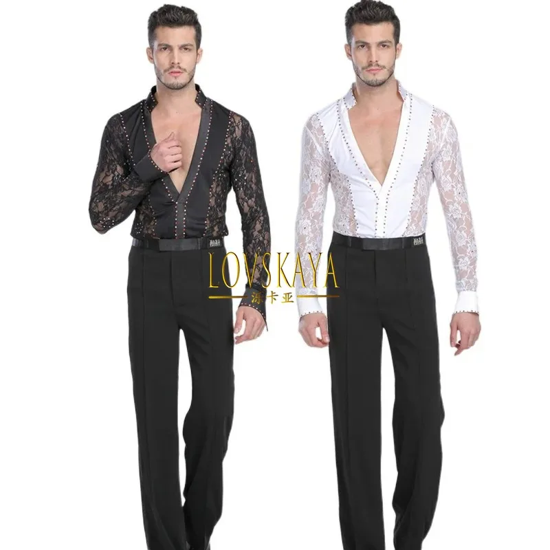 man shirts Garment Top Latin Dance Lace black and white Garment Dance Waltz Dance Garment Performance