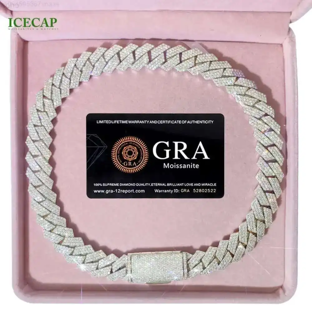

High Quality 18 Mm 3 Rows Vvs Moissanite Diamond Chain White Rose Gold Plated Hip-hop Necklace Cuban Link Chain