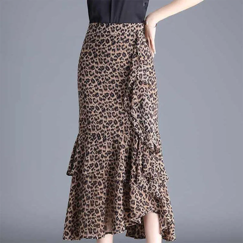 봄과 여름 여성을위한 꽃 연꽃 잎 쉬폰 스커트 새로운 불규칙한 새로운 Fishtail 중간 길이 스커트