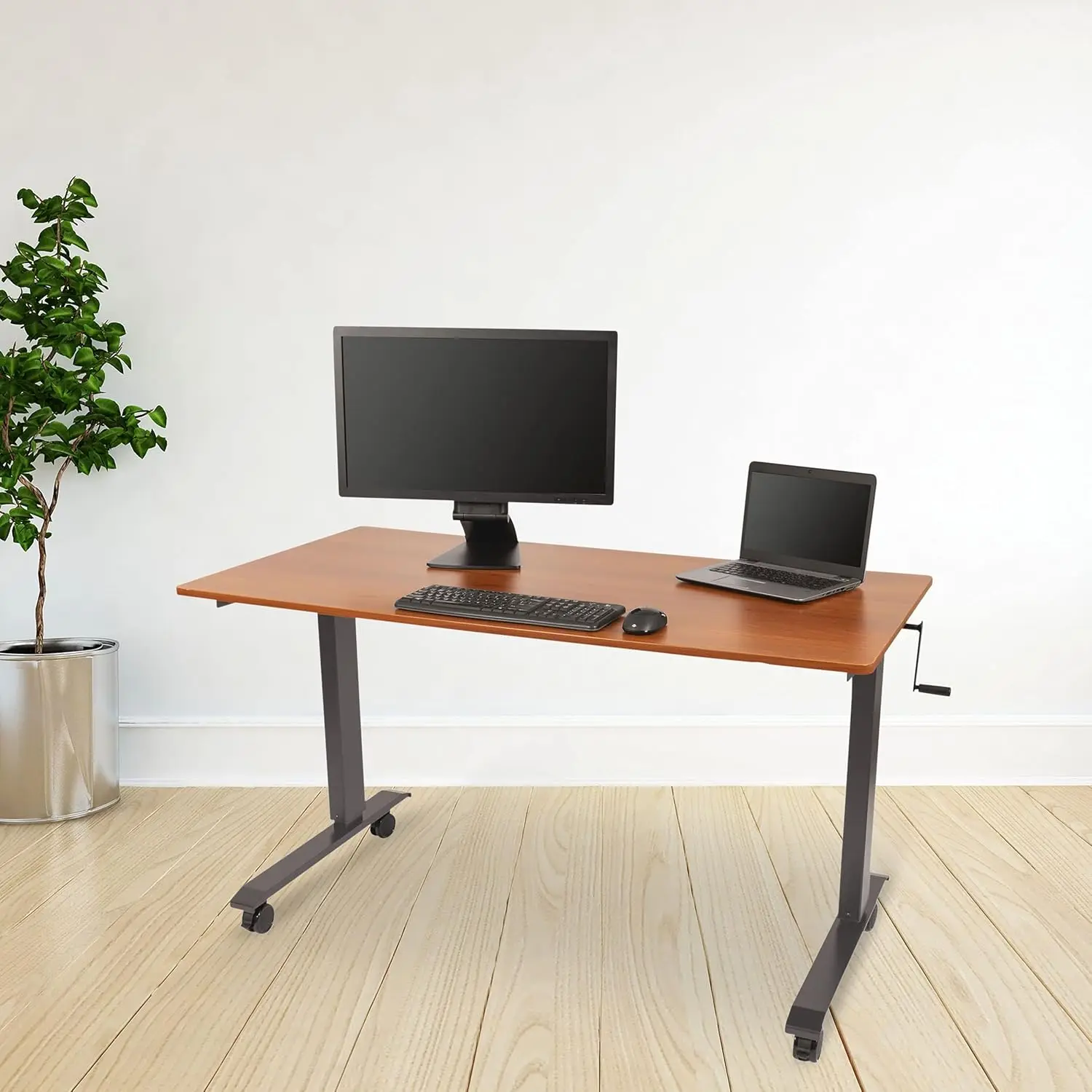 Stand Up Desk Store Crank Adjustable Height Rolling Standing Desk Charcoal Frame Teak Top Wide Spacious and Versatile Desktop