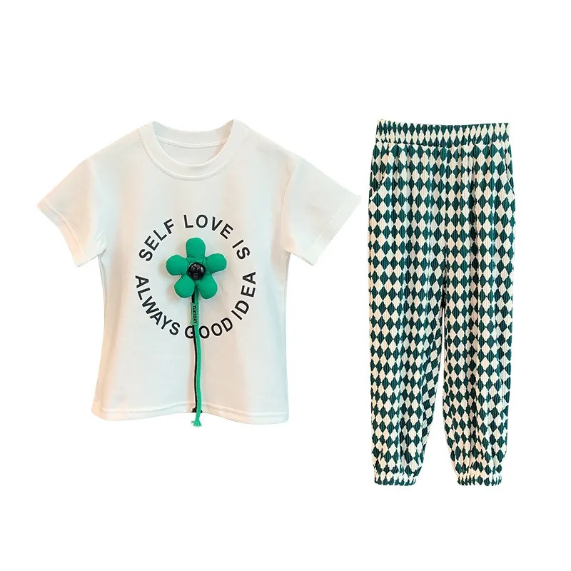 Kids Clothes Girls Stereoscopic Flower T-Shirt & Contrast and Color Blocking Plaid Pants 2 Pieces Set Drawstring Top Tracksuit