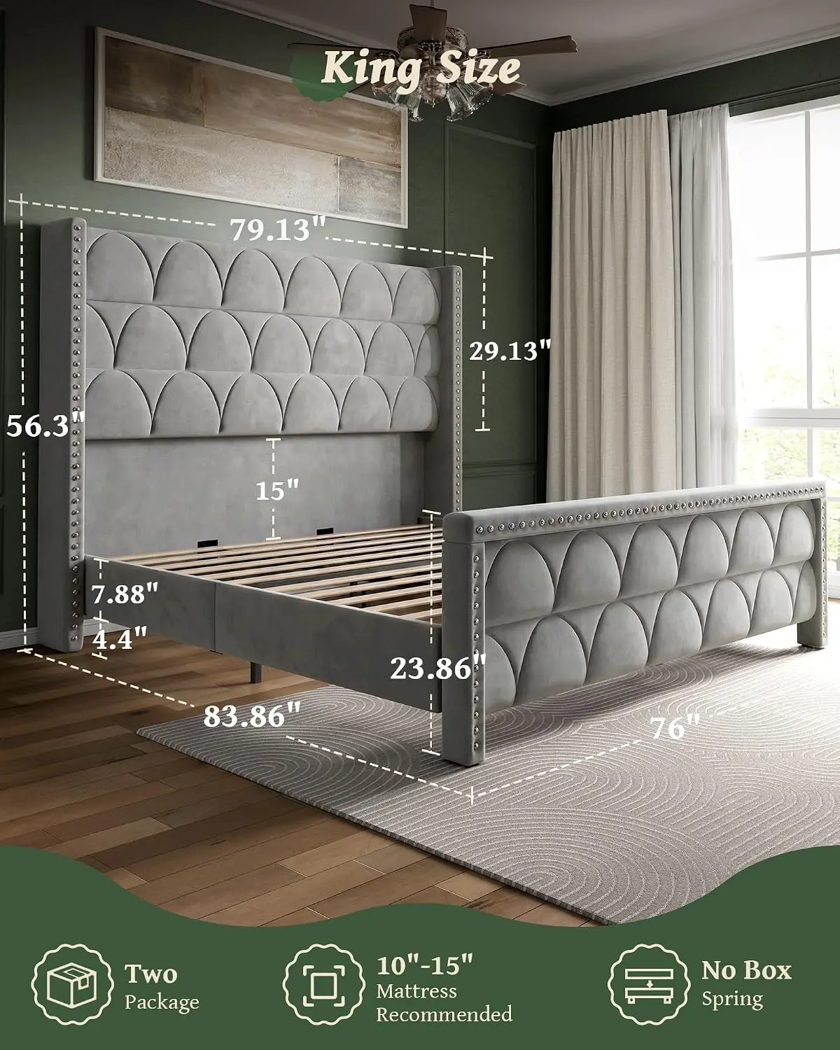 Velvet Wingback King Bed Frame 56