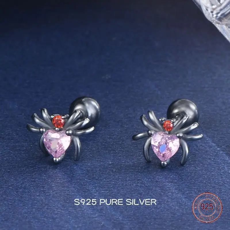 925 Sterling Silver Punk Jewelry Dark Art Goth Aesthet Style Purple Zircon Spider Earrings for Women Girl Mystical Gifts