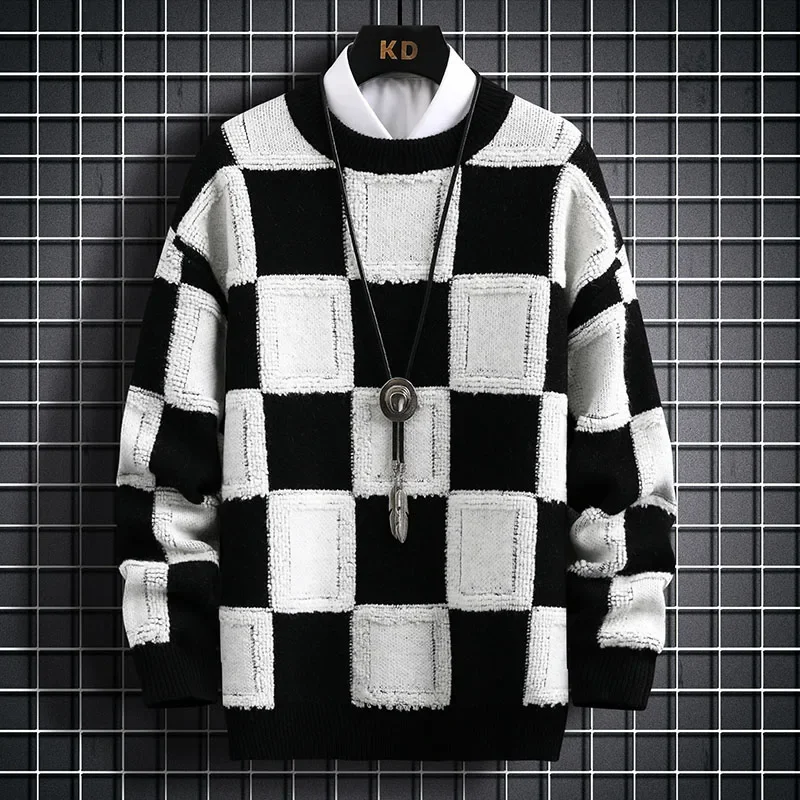 2023 New Fall Winter Men\'s Pullovers Sweaters High Quality Korean Style Thick Warm Cashmere Sweater Mens Luxury Plaid Pull Homme