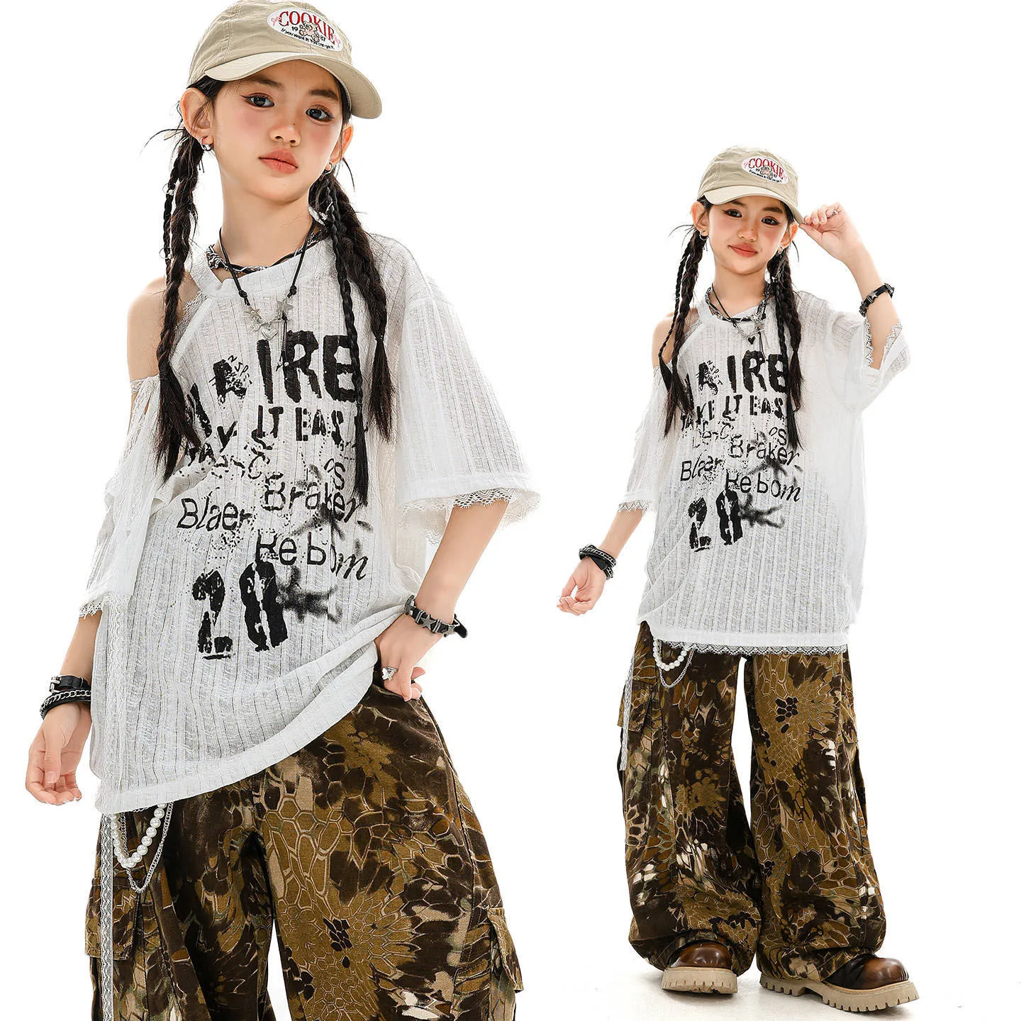 

Kid Kpop Hip Hop Clothing White Off Shoulder T Shirt Top Snake Print Casual Wide Cargo Pants for Girl Jazz Dance Costume Clothes