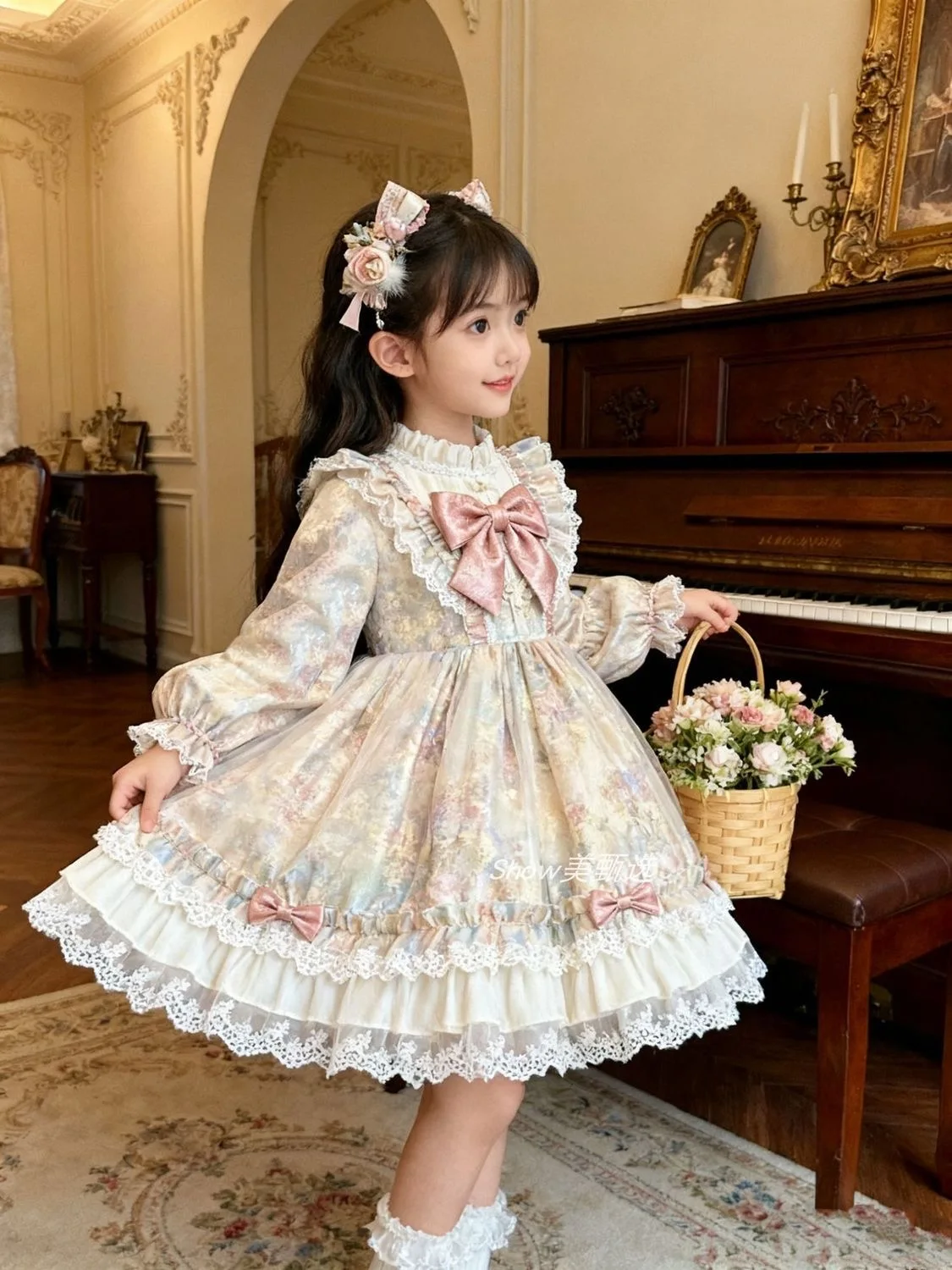 2025 Kids Spanish Dress Girls Blue Lace Bow Lolita Dress for Baby Luxury Birthday Party Embroidery Boutique Baptism Clothes 3-10