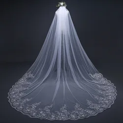 Hot Sale 3*3 Meter Cathedral Wedding Veils White Ivory Black One Layer Lace Appliqued Bride Veils Velo De Novia