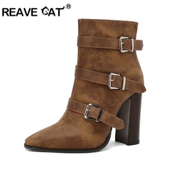 REAVE CAT Women Fashion Pointed Toe Ankle Boots 10cm Block Heels Leather Big Size US17 45 48 50 Black Red Party