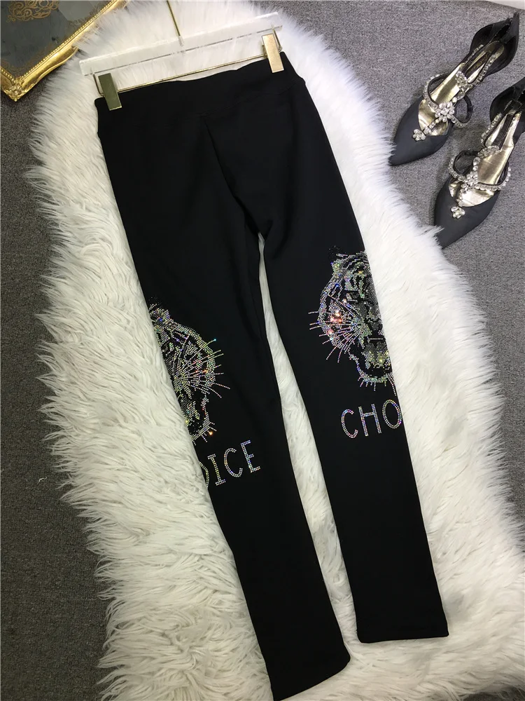 Hohe Qualität Frühling Herbst Heißer Bohren Frauen Leggings Luxus Tiger Diamanten Elastische Taille Bleistift Hosen Schwarz Abnehmen Leggings