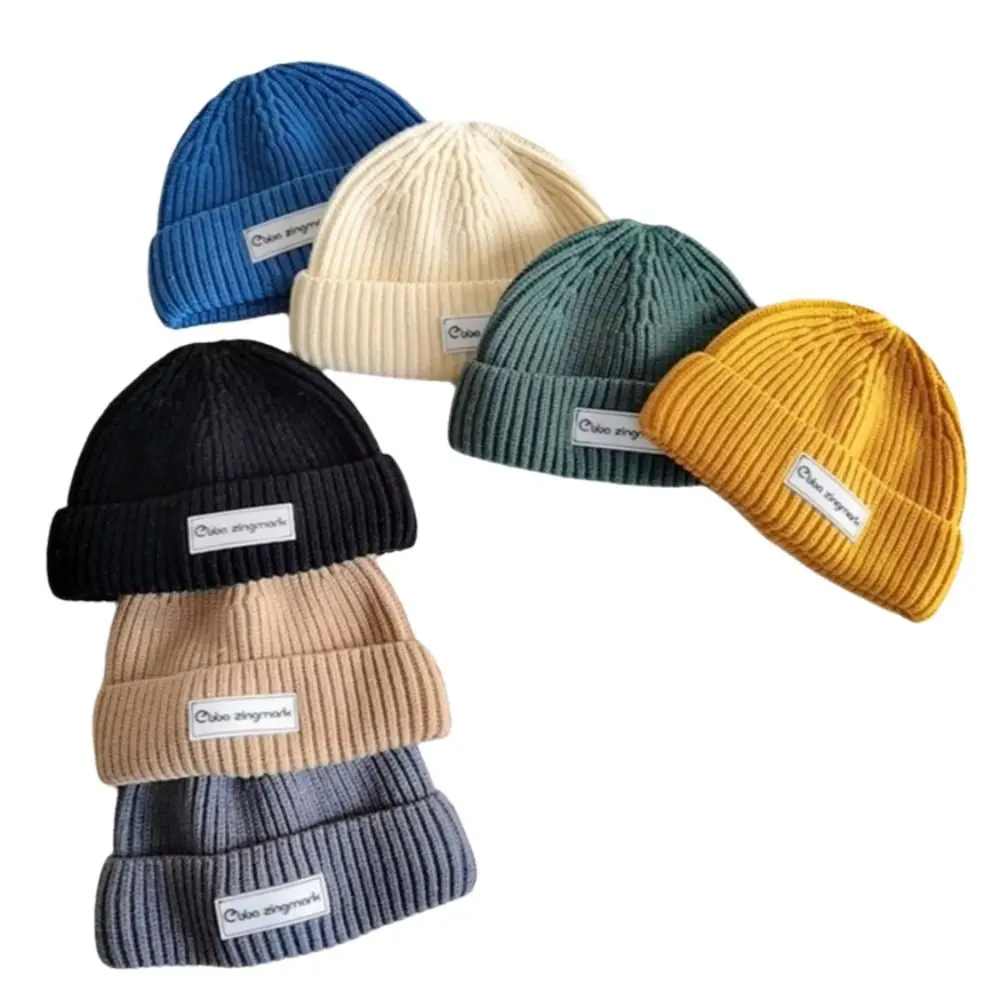 

Fashion Letter Label Beanie Cap Warm Windproof Woolen Pullover Cap Solid Color Winter Cap Autumn Winter