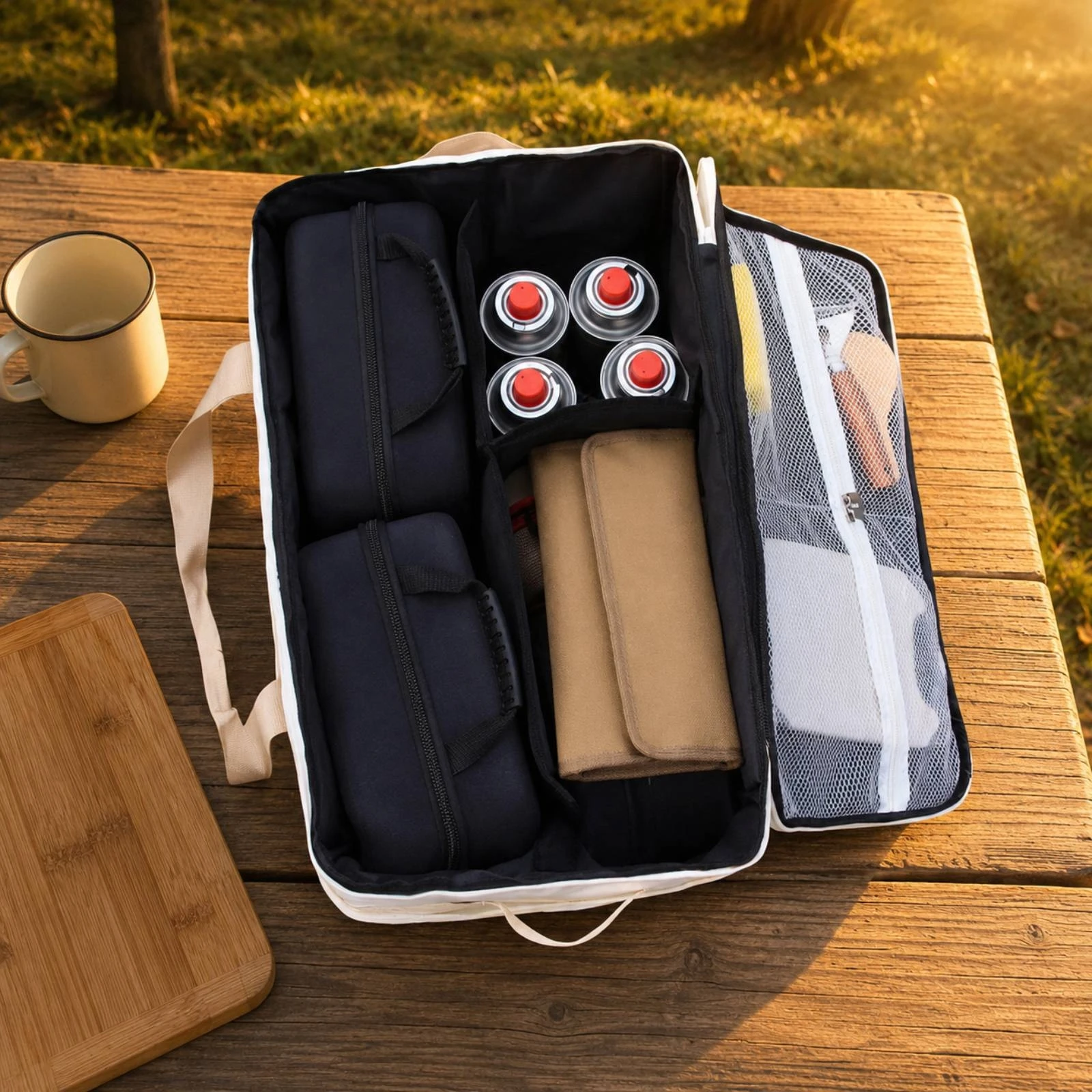 Outdoor Cookware Carrier Adjustable Dividers Large Capacity Camping Bag Foldable Gear Storage Box Wear Resistant for Car Trunk