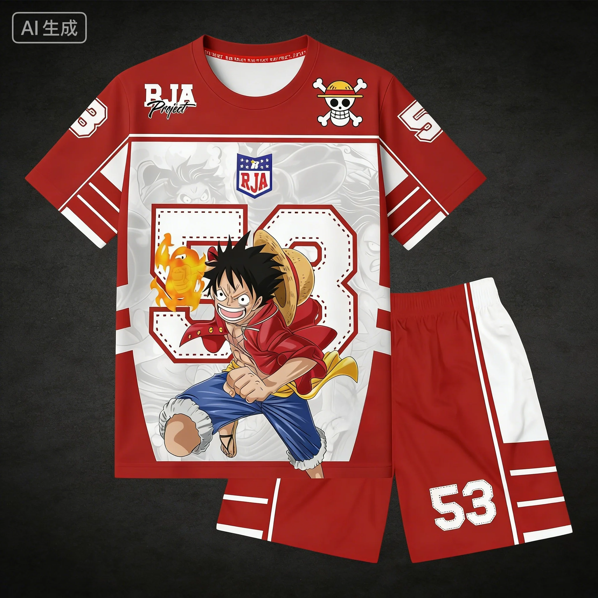 2026 Sommer Neu One Piece Monkey D. Luffy Sportliches Trikot-Set Unisex Anime T-Shirt & Shorts Streetwear Weiche Atmungsaktive Freizeitkleidung