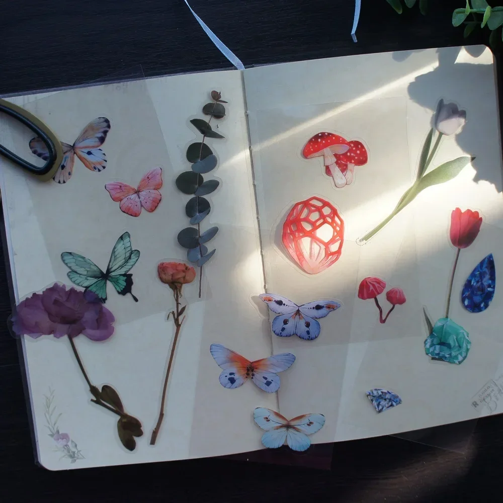 

5 Sheet Feather Mushroom Butterfly Gemstone PVC Sticker Design AS Gift Tag Gift Seal Decoration Scrapbooking DIY Sticker