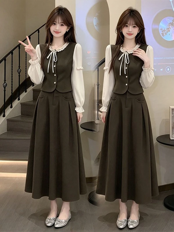 Korean Style Vintage Three-Piece Set Autumn 2026 New Design Sensation Elegance Vest Shirt Half Skirt Fashion Set for Women