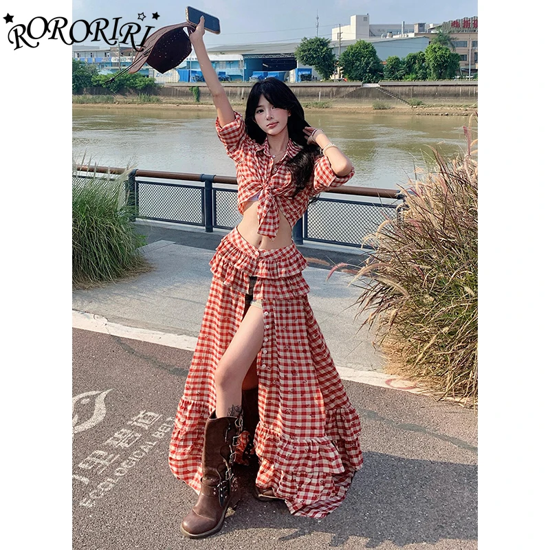 

RORORIRI Retro Plaid Strappy Blouse Top Skirt Women Set Long Sleeves Shirt Low Rise Ruffle Slit Long Skirt Grayu Holiday Clothes