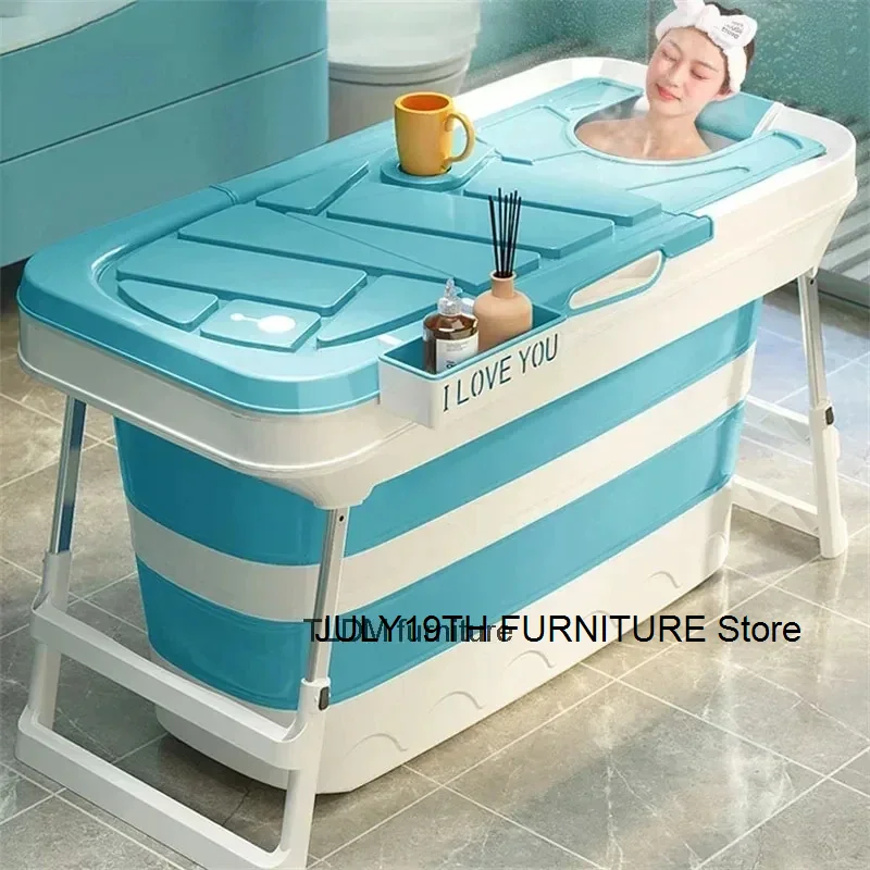 Foldable Bathtub for Adults Thicken Plastic Bathroom Hot Tub General Bath Barrel with Lid Full Body Spa Small Portable Bathtub