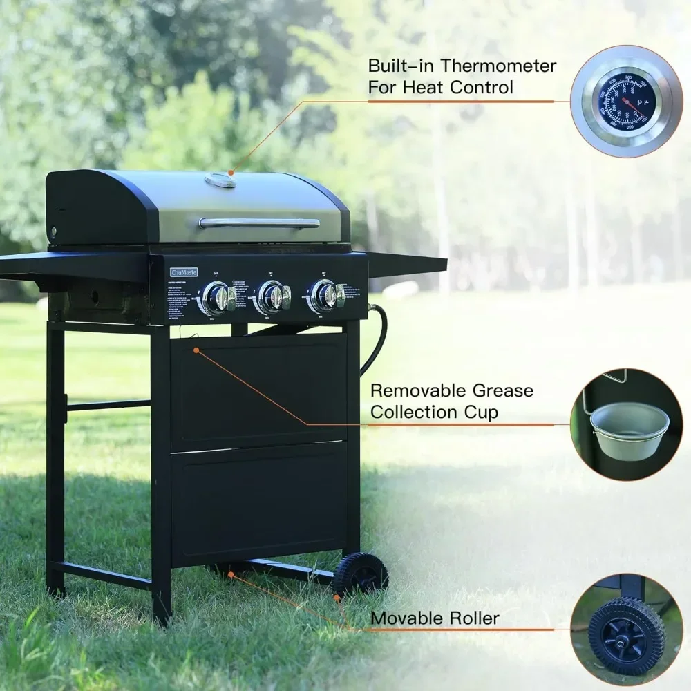 3-Burner Propane Grill, Gas Grill, 30000 BTU barbecue grill with Foldable Rack (Reversible Table)22.83