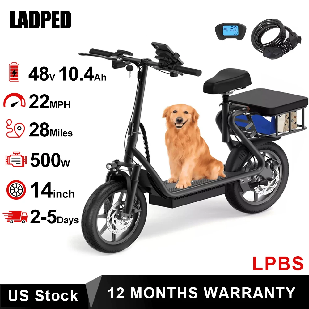 

LADPED LPBS 500W 14inch Electric Bicycle 10.4AH Battery 28Miles Max Range 21MPH Max Speed Shock Absorption Foldable Adult Ebike
