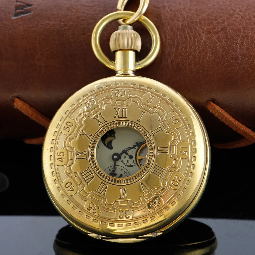 Antigo luxo tourbillon fase da lua steampunk masculino relógio de bolso mecânico retro cavalheiro sinal analógico relógio jóias presente