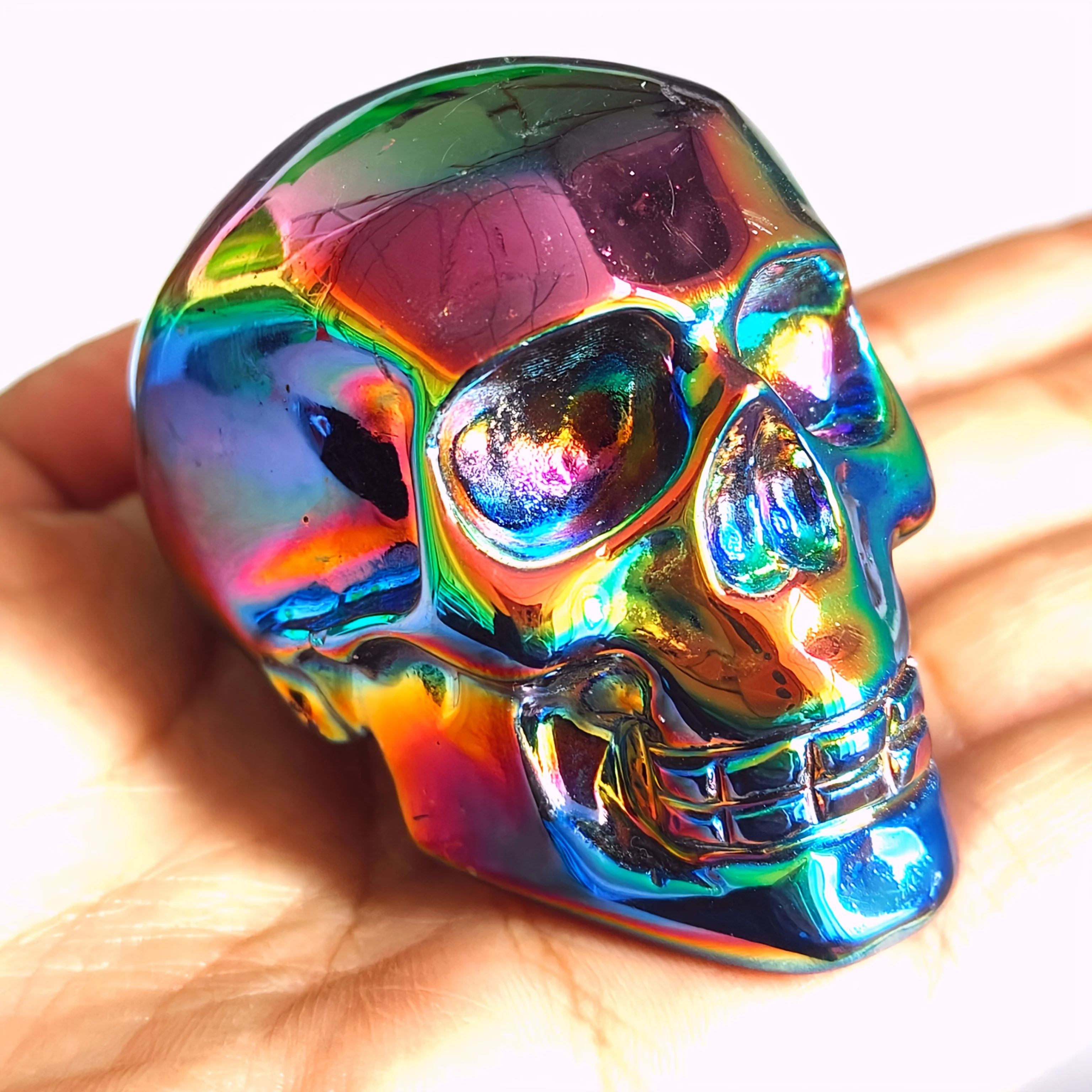 Collectibles Loose Gemstones - 1pc Titanium Aura Obsidian Skull - 2.36'' Flame Aura Stone Skull Carving - Skull view 2