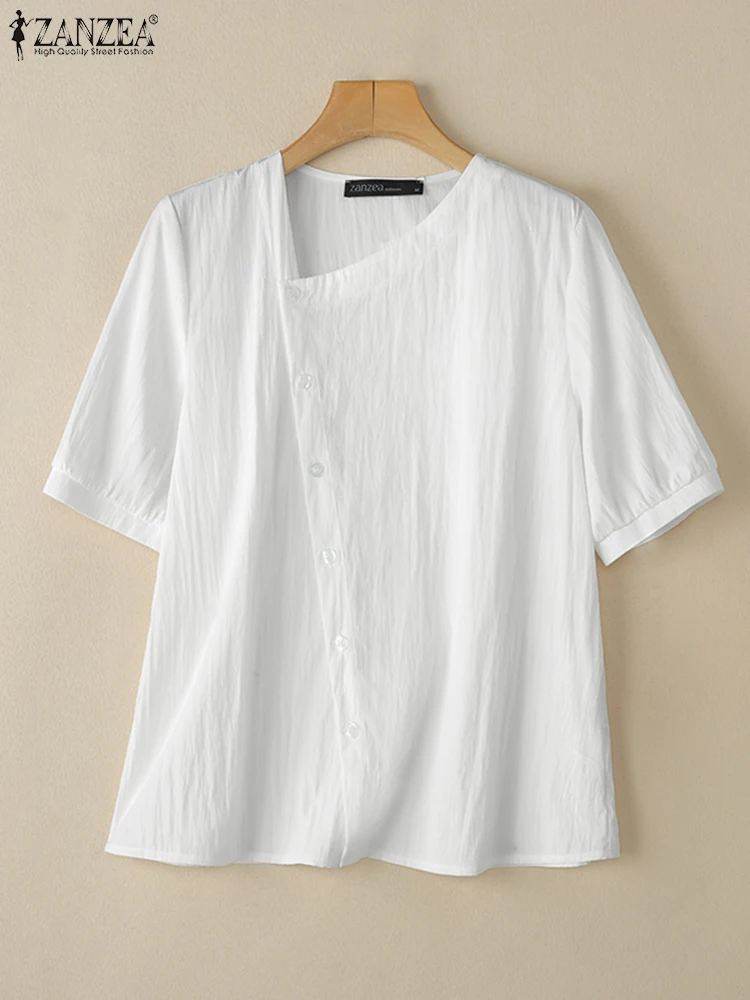 

ZANZEA Casual Solid Short Sleeve Tops Women Irregular Shirts2025 Female Skew Collar Blouses Loose Buttons Tunics OL Work Blusas