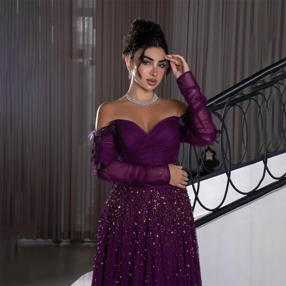 

Роскошное фиолетовое вечернее платье для женщин 2022, милое вечернее платье трапециевидной формы с длинными рукавами и блестящими кристаллами, вечерние платья по индивидуальному заказу