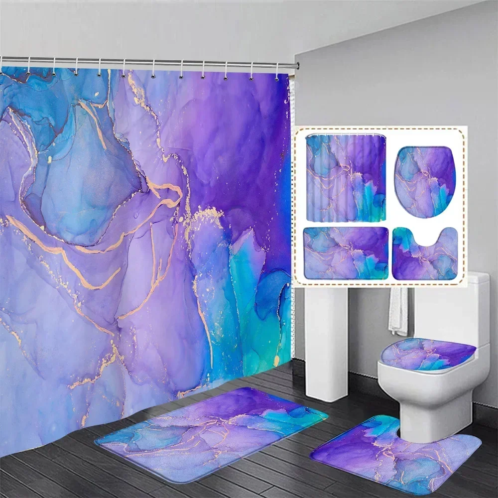 Blue Marble Shower Curtain Set Ocean Ripple Gold Powder Art Modern Home Bathroom Decor Non Slip Rug Bath Mats Toilet Lid Cover