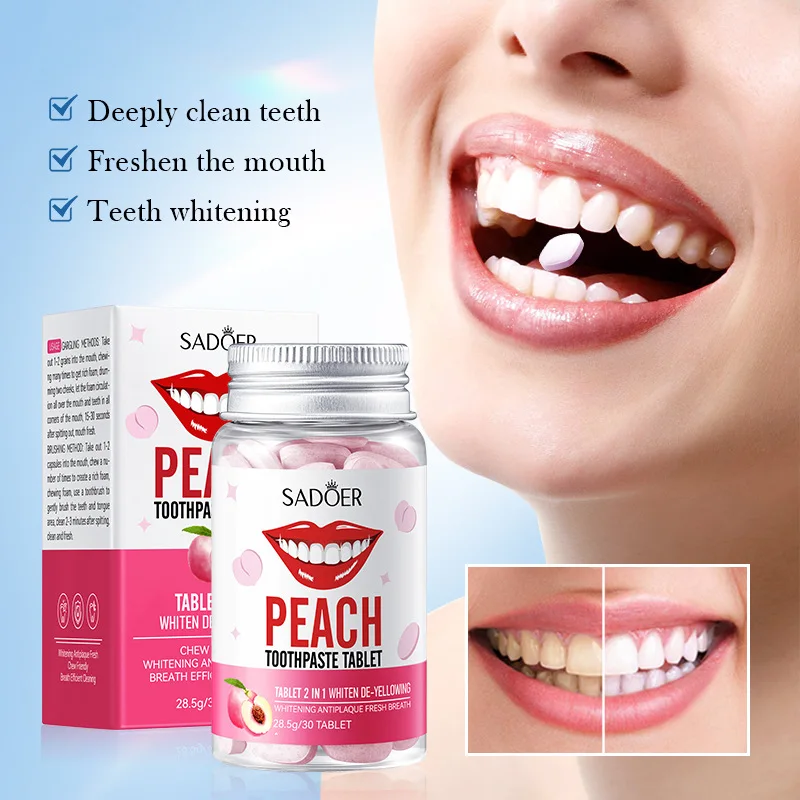 30 Capsules Peach Solid Toothpaste Whitening Oral Anti-moth Toothpaste Remove Yellowing Cleaning Toothpaste Individual Package