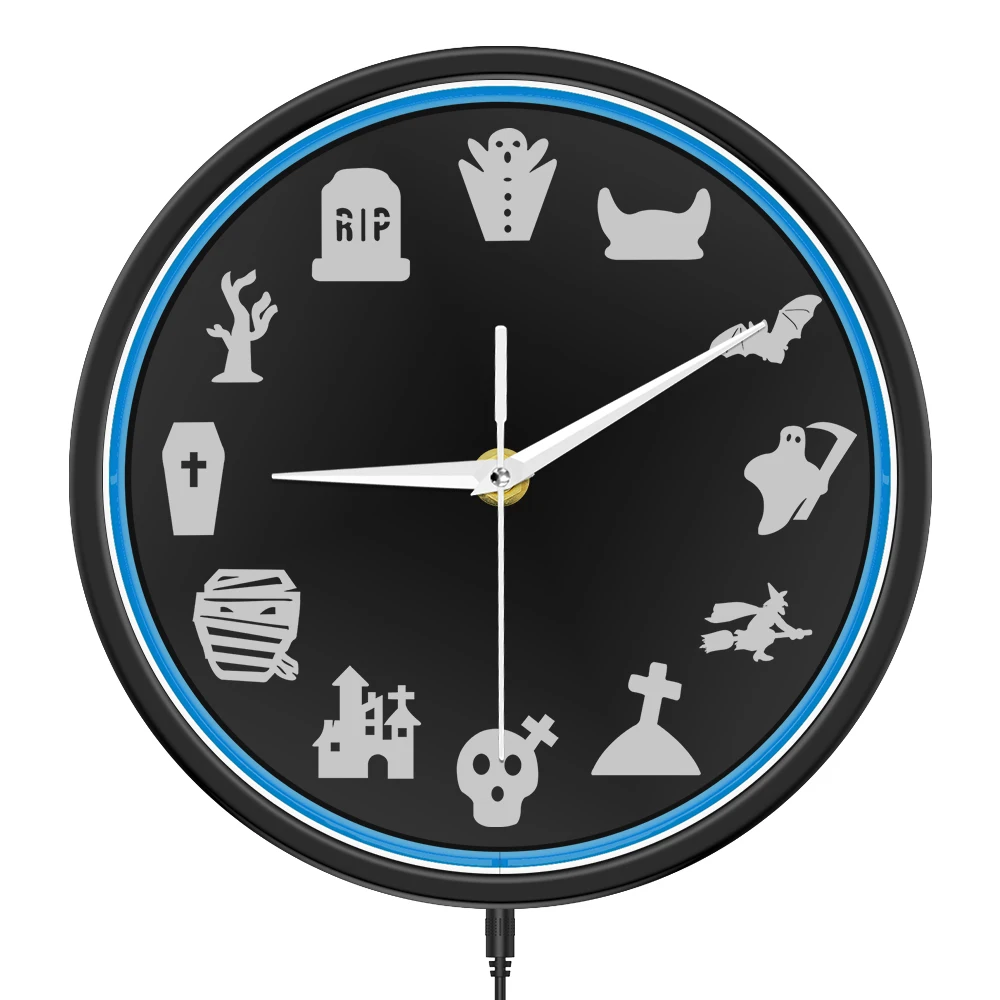 

Halloween Party Zombie Sign Metal Frame Backlight Wall Clock Horror Artwork Decor Timepieces Night Light LED Glowing Neon Clock