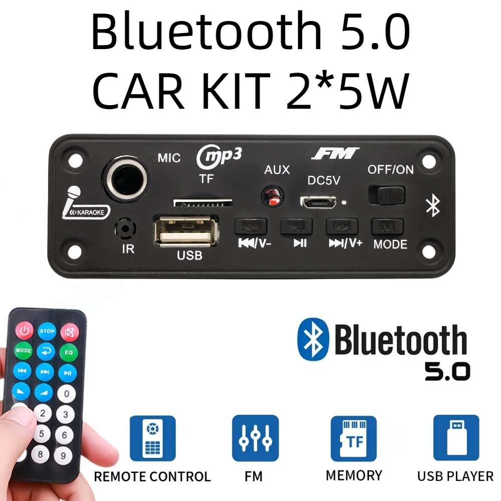 DC 5V Bluetooth 5.0 MP3 Decoder Board 10W Amplifier MP3 Player Support Call Recording 3.5mm USB TF FM for Module Car Speaker