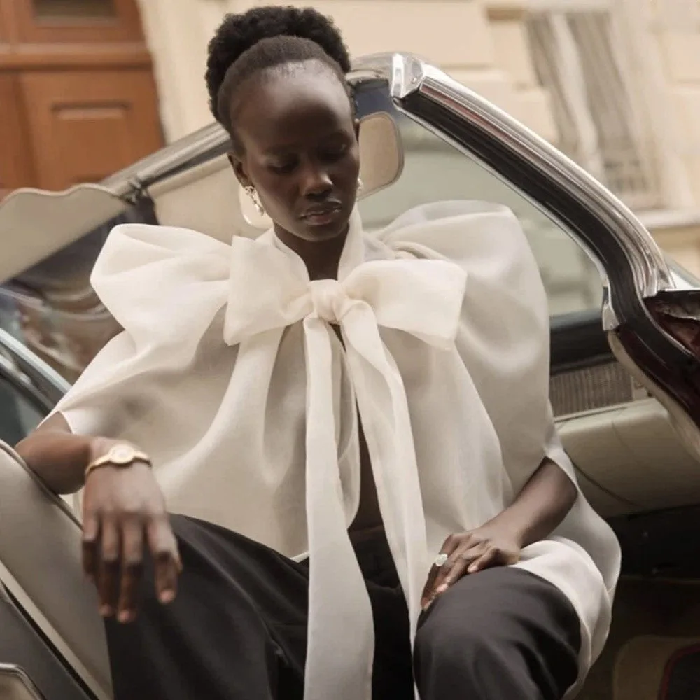 

Stand Collar White Shawl Bow Tops Streetwear Temperament Solid Shawl Style Shirt High-density Yarn Chiffon Women's Bowknot Shirt