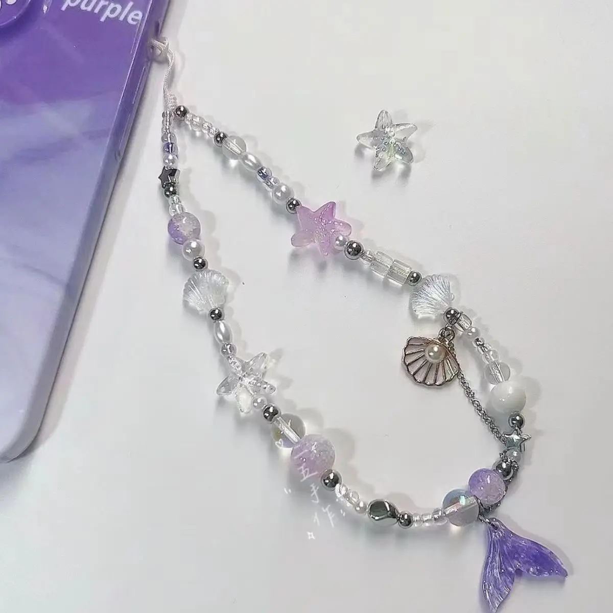 인어 꼬리 조개껍질 휴대폰 체인, 랜야드 참 스트랩, 손목 비드 코드, 팔찌 키 체인, 소녀 나일론 로프, 카메라 쥬얼리 걸기