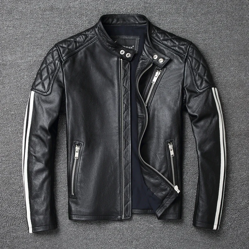 2024 New fashion Men Leather Jacket 100% Genuine Cowhide Coat  White Stripes  Cool Biker Slim Short Autumn Leather Clothing.