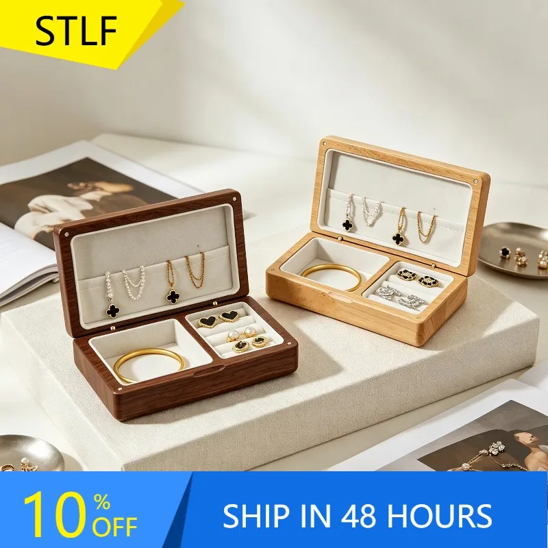 XMSJ High-End Black Walnut Wood Rectangle Exquisite Velvet Magnetic Closure Multifunctional Portable Jewelry Box For Necklace Ri