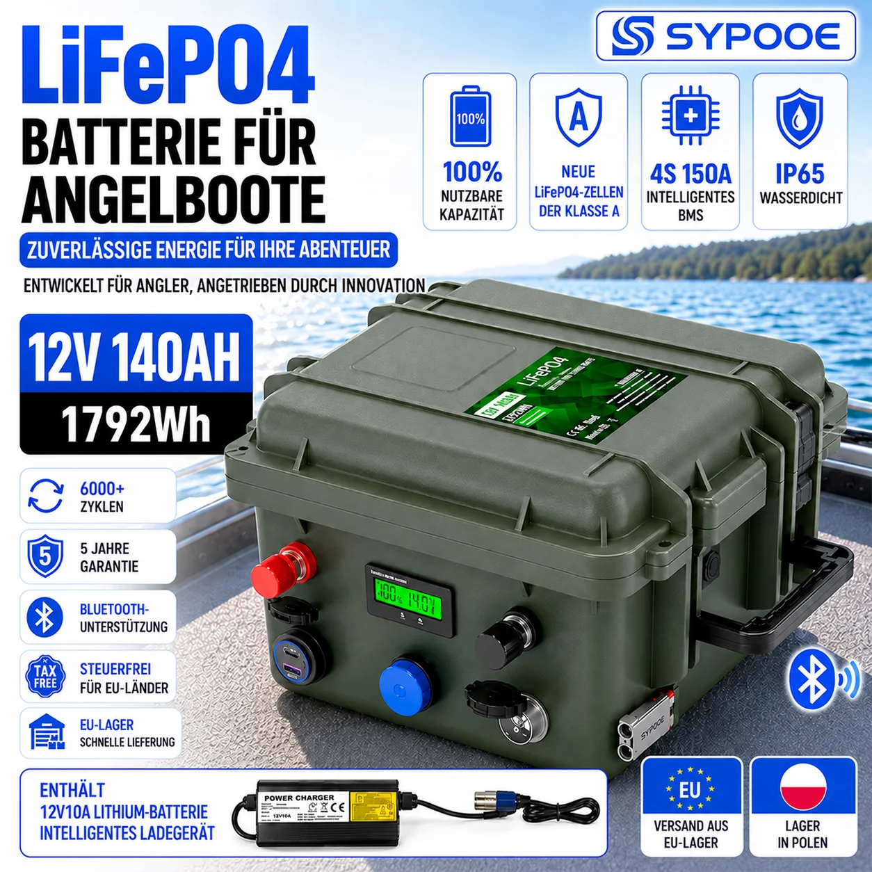 LiFePO4 Batterie 12V 100Ah 140Ah 200Ah 1792Wh für Angelboot, Trolling Motor, Fischfinder und Schlauchboot, Bluetooth BMS, Grade-A-Zellen, IP65 Wasserdicht, 6K Zyklen, USB QC PD, Tragbare Lithium
