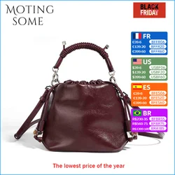 Motingsome 2024 New Quality Leather Woman Bag Drawstring Bag Mini Bucket Bag Commuter Shoulder Crossbody Tote Cute Satchel Black