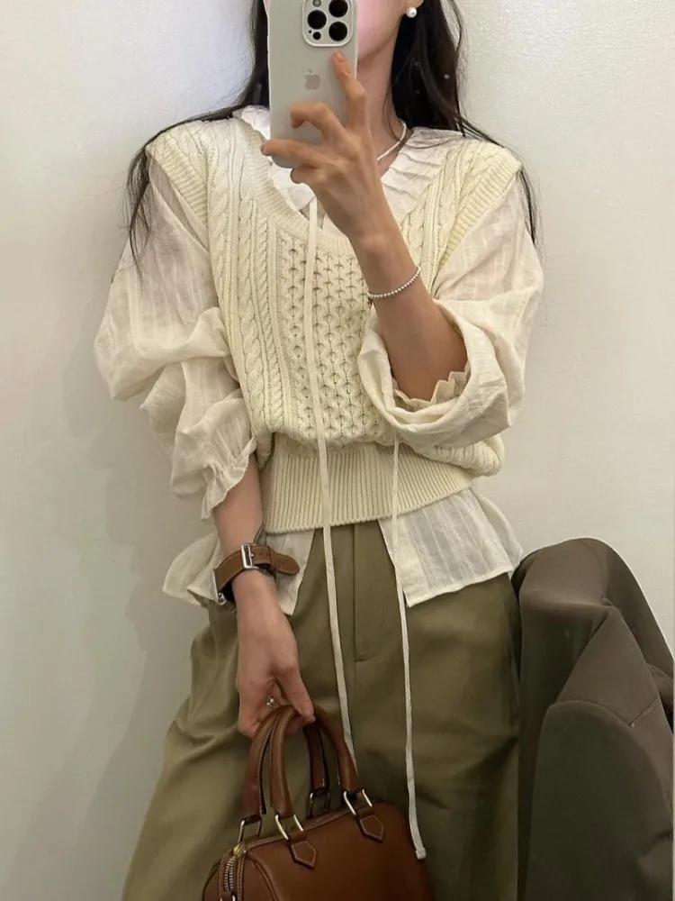 เสื้อกั๊กไหมพรมถักลายสปริง ดีไซน์เกาหลี ทรงหลวม ยาวปานกลาง แฟชั่นสำหรับผู้หญิง คอกลม ใส่ซ้อนชั้นได้