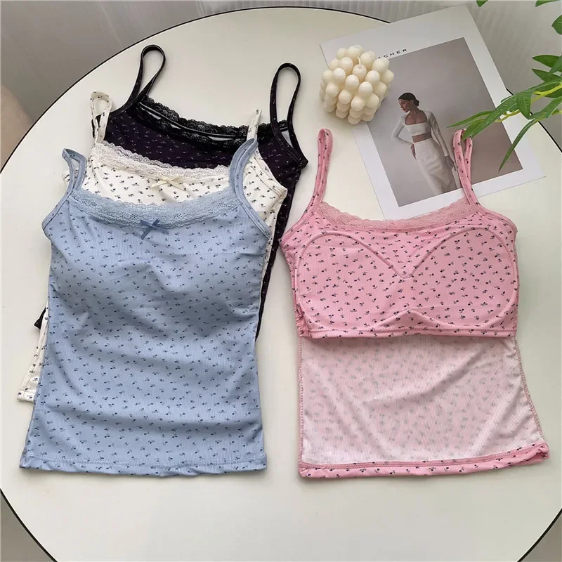 

Summer Print Crop Tops for Women Bow Lace Camisole Sexy Backless Vest with Padded Basic Tank Top Bm Style Camis Y2k