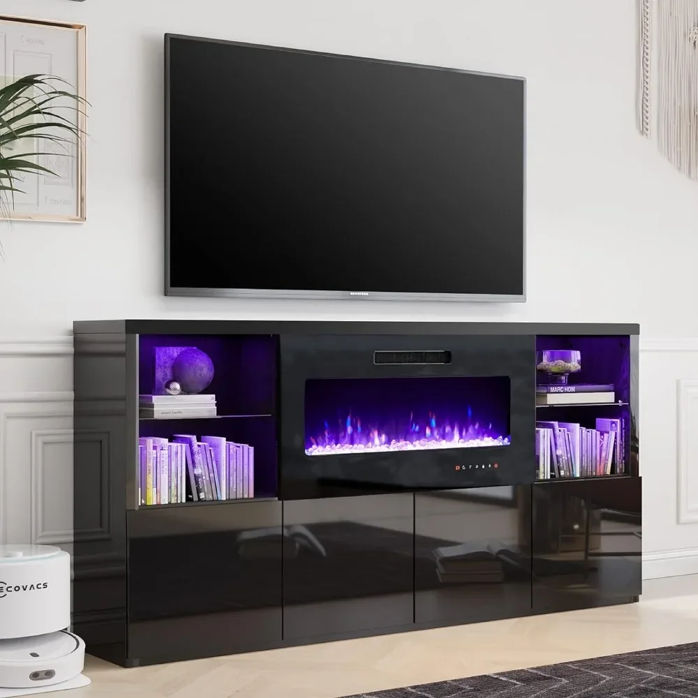 

TV Stand, Modern High Gloss Entertainment Center with 4 Shelves & Storage Cabinets, Media Console Table 68 Inches, TV Stand