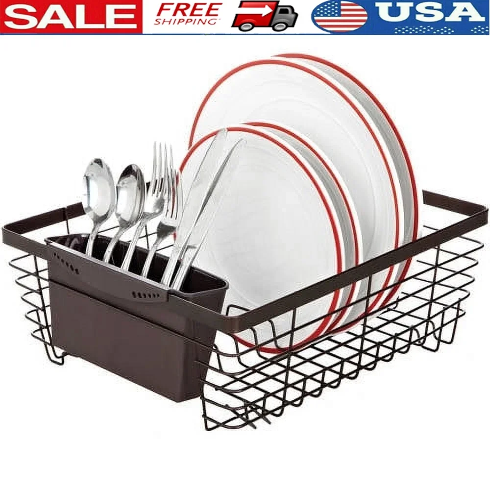 

Flat Wire Dish Rack Kitchen Holds 13 Dishes Open Wire Design Includes Cutlery Basket Drain Tray Organizer 100% Iron