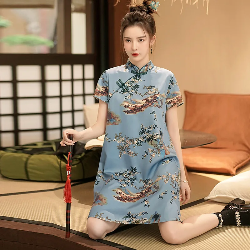 FZSLCYIYI Fashion Printed Party Cheongsam Dress Women Summer Loose Short Sleeve Qipao Traditional Chinese Clothes