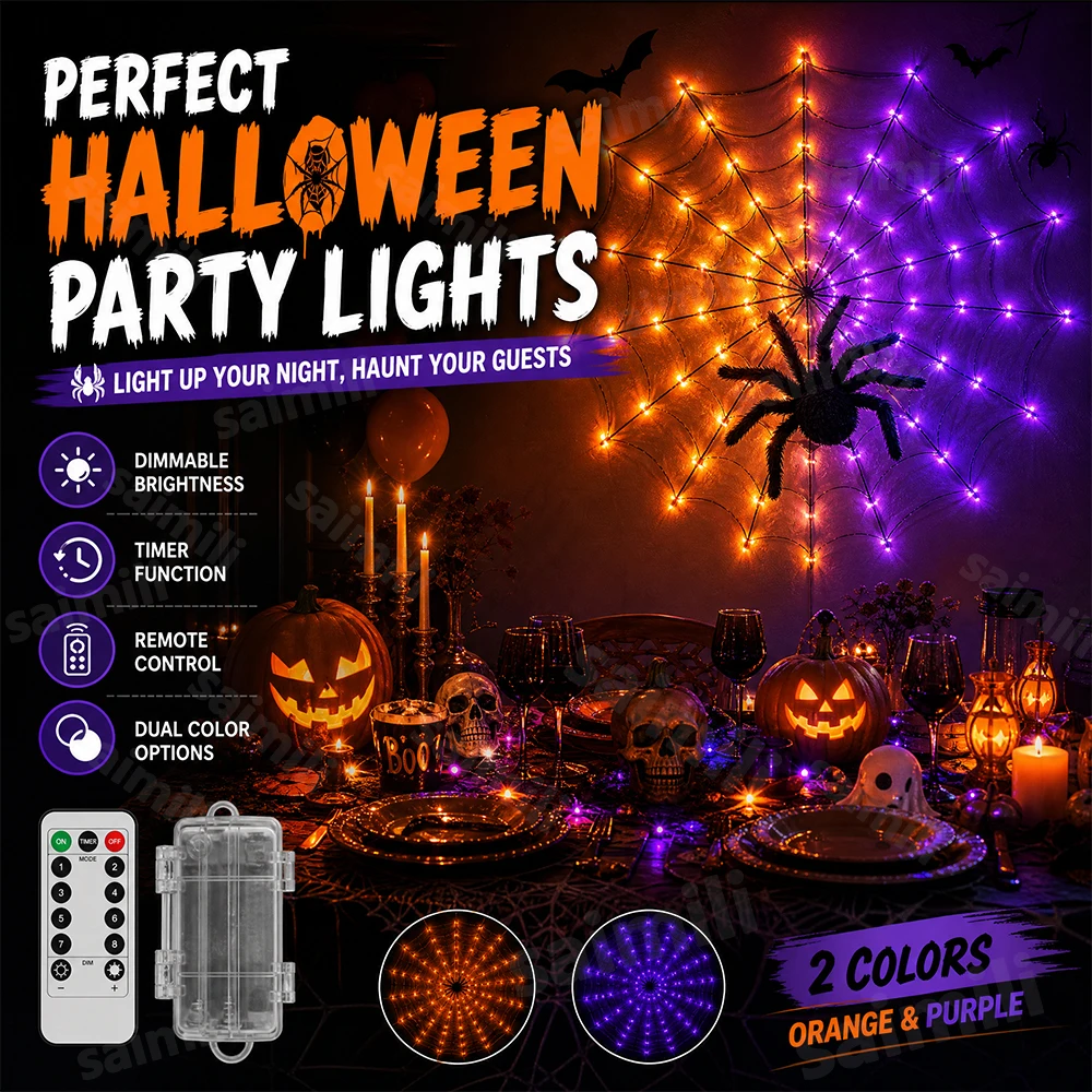Waterproof Halloween Spider Web LED Net Lights 70LED Remote Control For Home Yard Wall Haunted House Holiday Party Hanging Decor