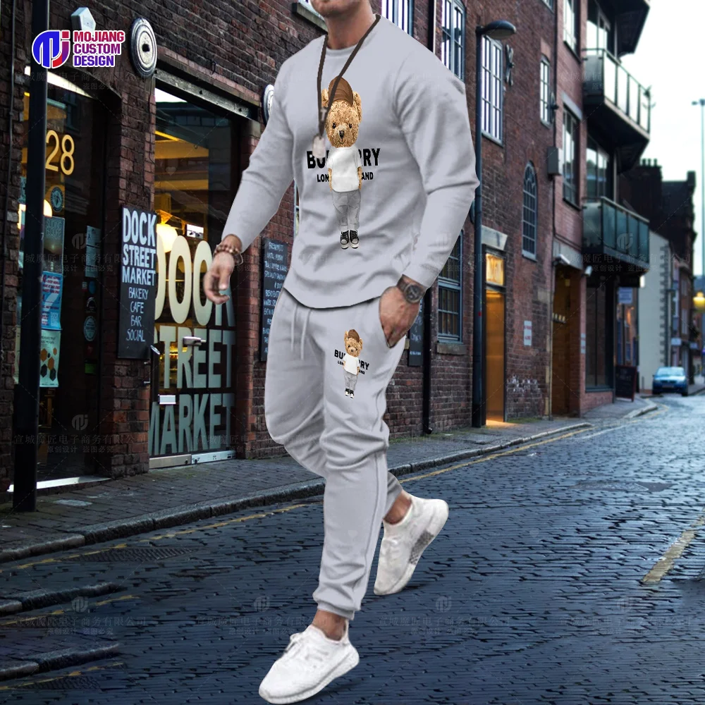 Hot Selling Korean Cotton Bear Long Sleeve T-Shirt Trousers Set Men Luxury 2 Piece Set Streetwear Summer Quality Sportswear