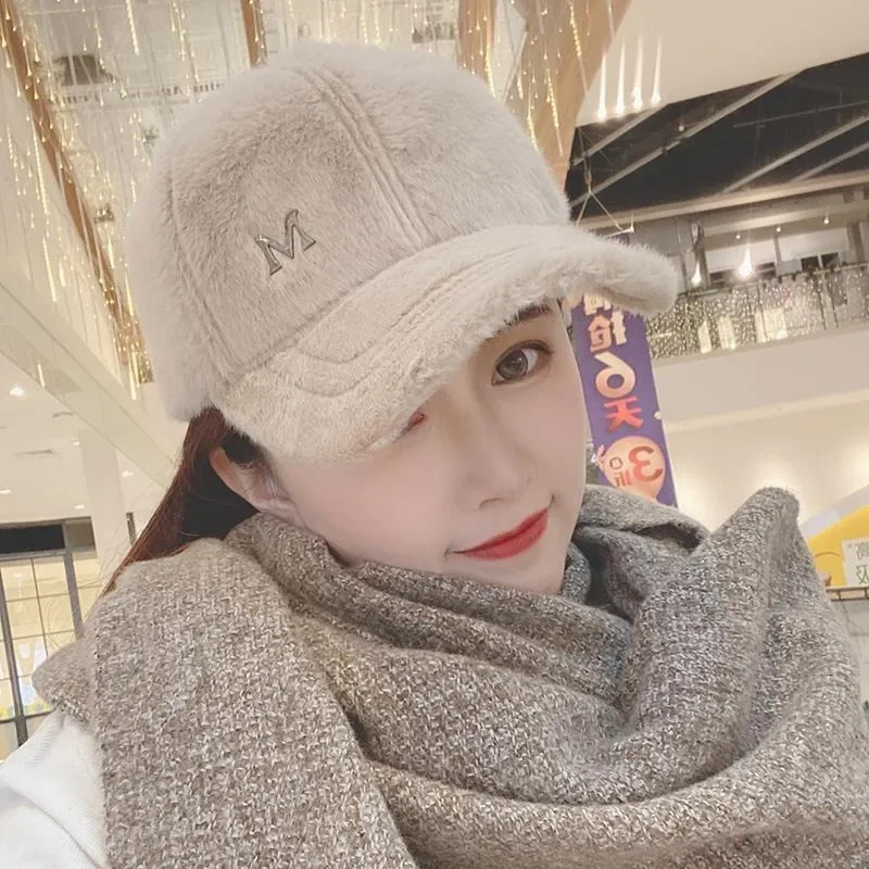 M Letter Rabbit Fur Hat Women Autumn and Winter Women's Plush Cap Suitable for All Face Baseball Caps Casual Versatile Gorros