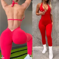 2024 Deep V Halter Sleeveless Backless Yoga Sets Sport One Piece Jumpsuit Woman Sportwear Gym Workout Overalls Active Wear