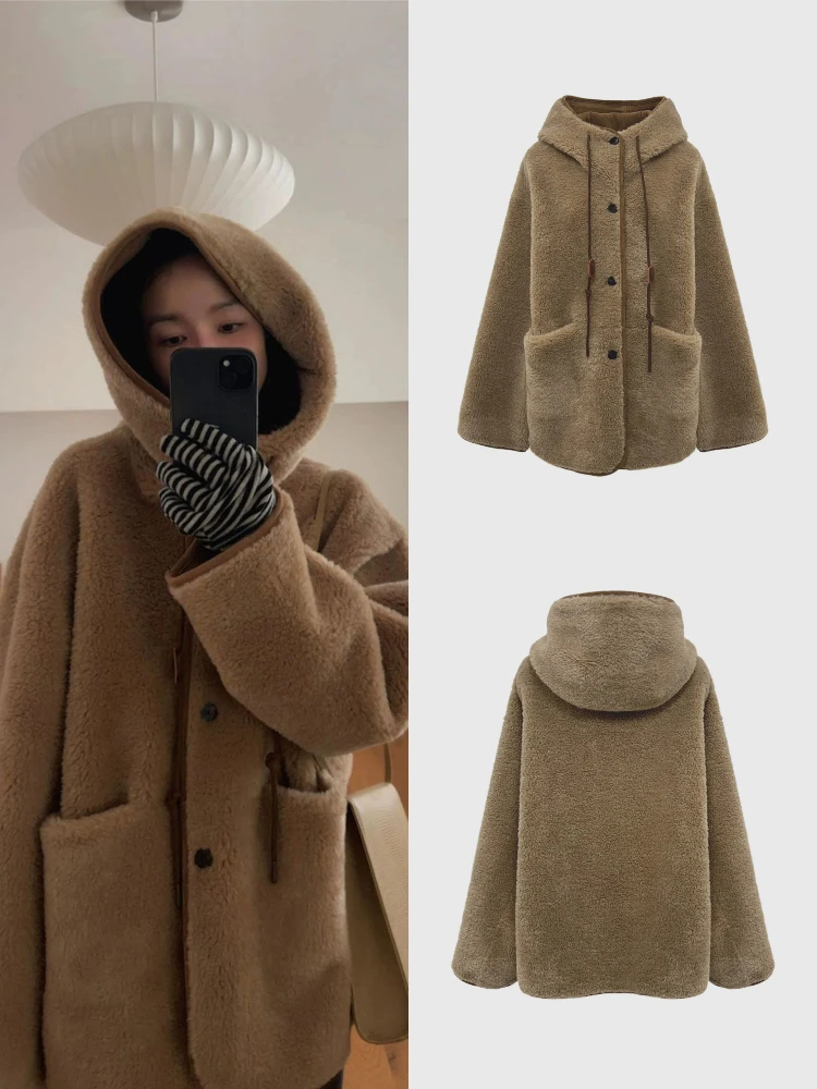 

Thiened Fluffy Jaet Women's Loose Warm Dstring Hooded Velvet Outerwear Vintage Sle Long Sve Mid-Length Coat