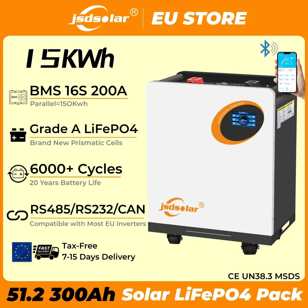 Jsdsolar Batteria Mobile 51.2V 300AH LiFePO4 15KWh Powerwall Classe A con BMS Integrato 6000+ Cicli per Accumulo Energetico Domestico Solare