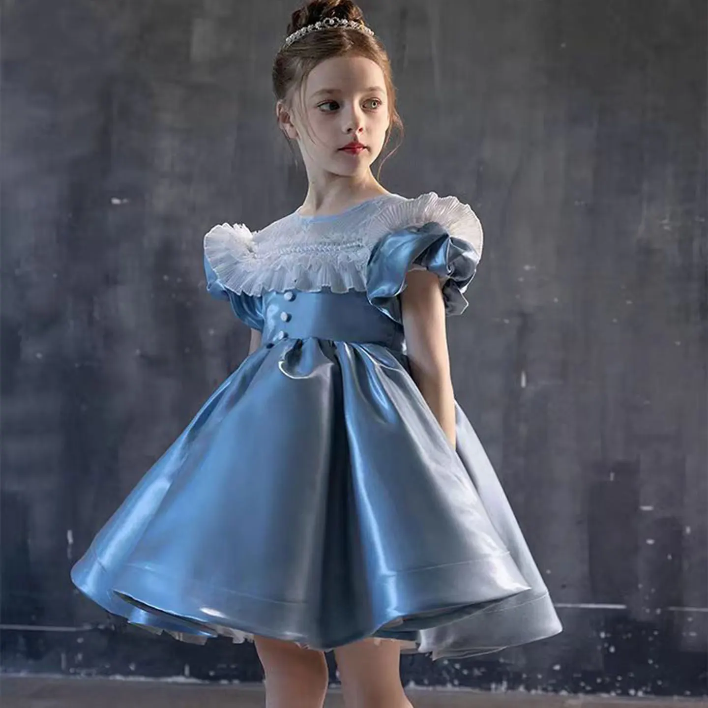 

Jill Wish Elegant Blue Flower Girl Dress Arabic Princess Kids Dubai Wedding Birthday Party Gowns vestidos de novia J090